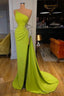 Yellow Green One Shoulder Mermaid Prom Dresses Long Split With Beads