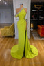 Yellow Green One Shoulder Mermaid Prom Dresses Slit Long With Crystals