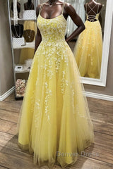 Yellow Lace Backless A Line Long Prom Dresses Open Back Formal Dresses Yellow Evening Dresses