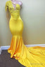 Yellow one shoulder mermaid prom Dress, lace Prom Dresses