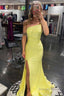 Yellow One Shoulder Sequins Mermaid Prom Dresses with Slit