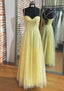 Yellow Prom Dress, A Line Sweetheart Spaghetti Straps Long Floor Length Tulle Prom Dresses With Pleated Glitter