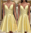 Yellow Satin Short Graduation Prom Dresses ,Spaghetti Straps Homecoming Dresses