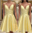 Yellow Satin Short Graduation Prom Dress ,Spaghetti Straps Homecoming Dresses