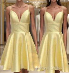 Yellow Satin Short Graduation Prom Dresses ,Spaghetti Straps Homecoming Dresses