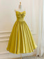 Yellow Satin Spaghetti Straps Bow Tea Length Prom Dresses