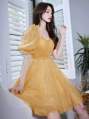 Yellow Short Sleeves Tulle Prom Dress, Yellow Homecoming Dress