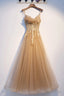 Yellow Spaghetti Straps Lace Long Prom Dress, A Line Prom Dresses