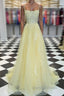 Yellow tulle lace long prom Dresses yellow lace formal Dresses