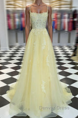 Yellow tulle lace long prom Dresses yellow lace formal Dresses