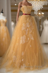 Yellow tulle lace long prom Dresses, yellow tulle formal Dresses