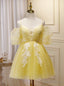 Yellow Tulle Puff Sleeve Spaghetti Straps Homecoming Dresses