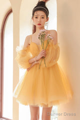 Yellow Tulle Short A-Line Prom Dress, Yellow Homecoming Party Dress
