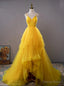 Yellow Tulle Spaghetti Straps Pleats Beading Prom Dresses