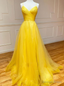 Yellow Tulle Spaghetti Straps Pleats Prom Dresses