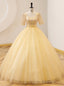 Yellow Tulle Square Short Sleeve Beading Quinceanera Dress