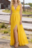 Yellow V Neck Chiffon Floor Length Bridesmaid Dress Long Bridesmaid Dresses With Pleated Split