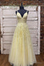 Yellow V Neck Lace Long Prom Dress, A Line Spaghetti Straps Prom Dresses