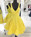 Yellow V Neck Satin Short Prom Dress, Yellow Homecoming Dresses
