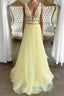 Yellow v neck tulle lace long prom Dress, yellow tulle lace Prom Dresses
