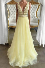 Yellow v neck tulle lace long prom Dresses, yellow tulle lace evening Dresses
