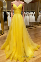 Yellow v neck tulle long prom Dresses yellow formal Dresses