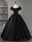 Black Scoop Neckline Satin Lace Long Prom Dress, A-Line Short Sleeve Party Dress