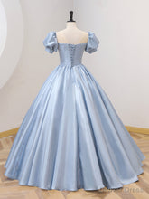 Blue Satin Floor Length Prom Dress with Bow, Blue A-Line Evening Formal Dress