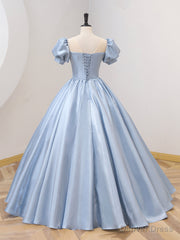Blue Satin Floor Length Prom Dress with Bow, Blue A-Line Evening Formal Dress