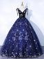 Navy Blue Tulle Long Prom Dress, Spaghetti Straps Lace Flower Backless Prom Dresses