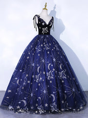 Navy Blue Tulle Long Prom Dress, Spaghetti Straps Lace Flower Backless Evening Dress