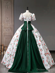 Beautiful Cherry Pattern Long Princess Prom Dress, White A-Line Short Sleeve Evening Party Dress