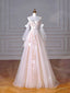 Champagne Tulle Lace Sweetheart Neck Long Formal Dress, A-Line Puff Sleeves Party Dress