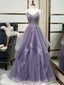 Purple Spaghetti Straps Lace Prom Dress, Lovely Tulle Corset Floor Length Prom Dresses