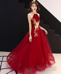 Burgundy Tulle Lace Long Prom Dress, Burgundy Tulle Evening Dress, 2