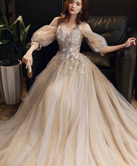 Champagne V Neck Tulle Lace Long Prom Dress, Champagne Formal Dress