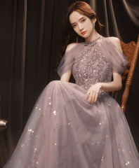 Pink Tulle Lace Sequin Long Prom Dress, Pink Evening Dress