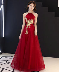 Burgundy Tulle Lace Long Prom Dress, Burgundy Tulle Evening Dress, 2