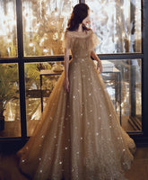Champagne Round Neck Tulle Sequin Long Prom Dress, Tulle Formal Dress