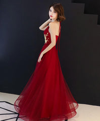 Burgundy Tulle Lace Long Prom Dress, Burgundy Tulle Evening Dress, 2