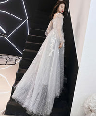 Gray Tulle Lace Long Prom Dress, Gray Tulle Evening Dress, 3