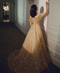 Champagne Round Neck Tulle Sequin Long Prom Dress, Tulle Formal Dress