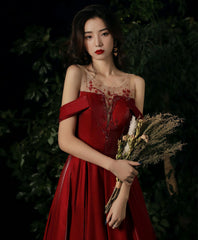 Burgundy Round Neck Beads Long Prom Dress, Burgundy Evening Dress