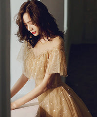 Champagne Round Neck Tulle Sequin Long Prom Dress, Tulle Formal Dress