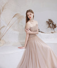 Evening Dress, Nude Color A Line Bateau Neck Floor Length Sequins Formal Party Dresses, Pageant Dress