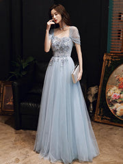 Blue Tulle Off Shoulder Tulle Lace Long Prom Dress, Blue Formal Dress