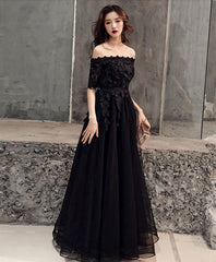 Black Tulle Lace Long Prom Dress, Black Tulle Evening Dress, 1