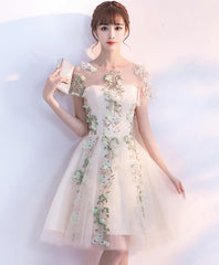 Champagne Tulle Lace Applique Short Prom Dress, Homecoming Dress