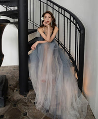 Gray V Neck Tulle Long Prom Dress, Gray Tulle Evening Dress, 1