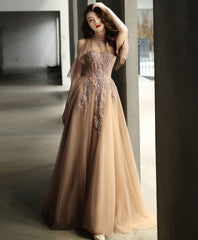 Champagne High Neck Tulle Lace Long Prom Dress, Formal Dress